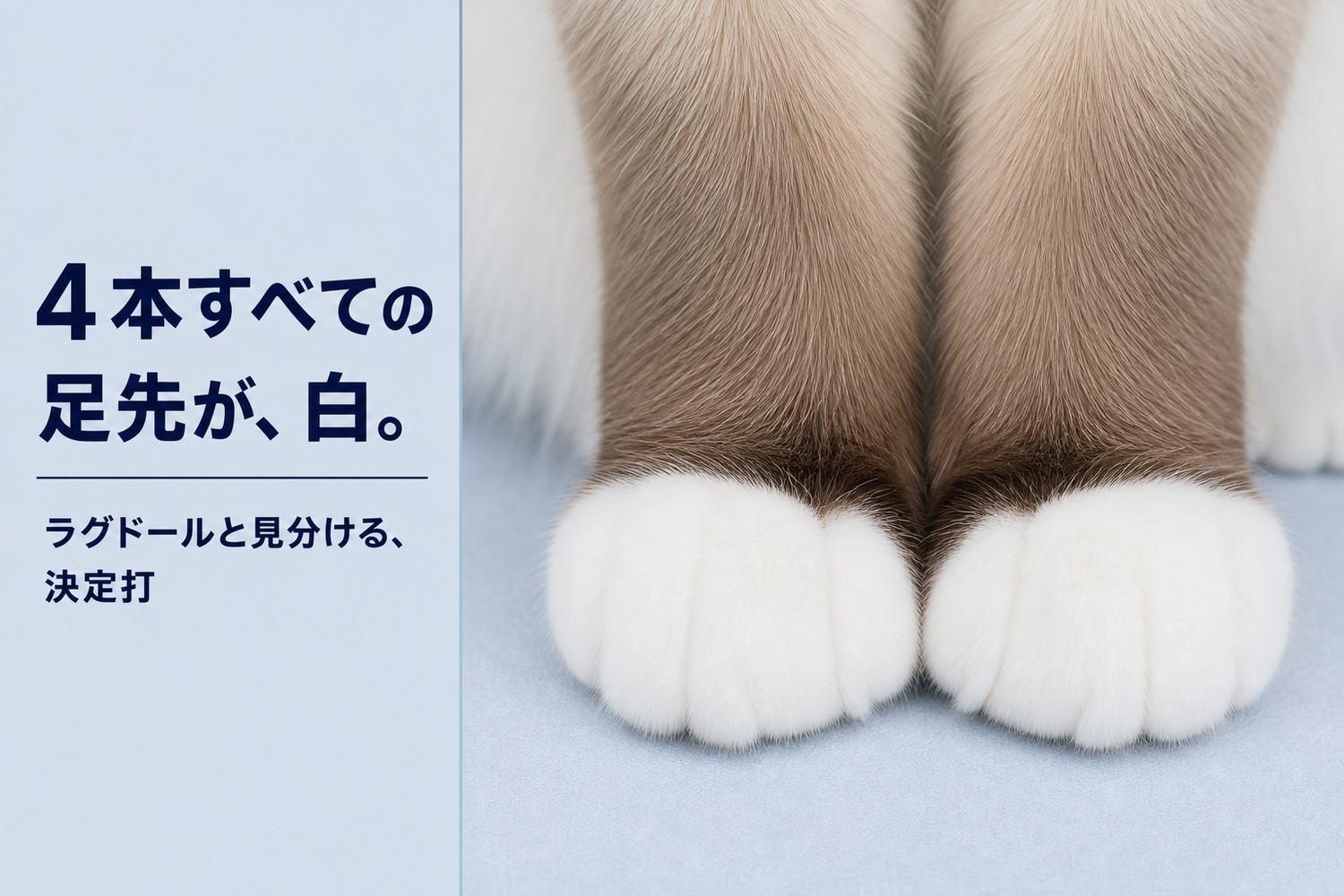 バーマンの前足のマクロ写真。4本すべての足先が白、ラグドールと見分ける決定打