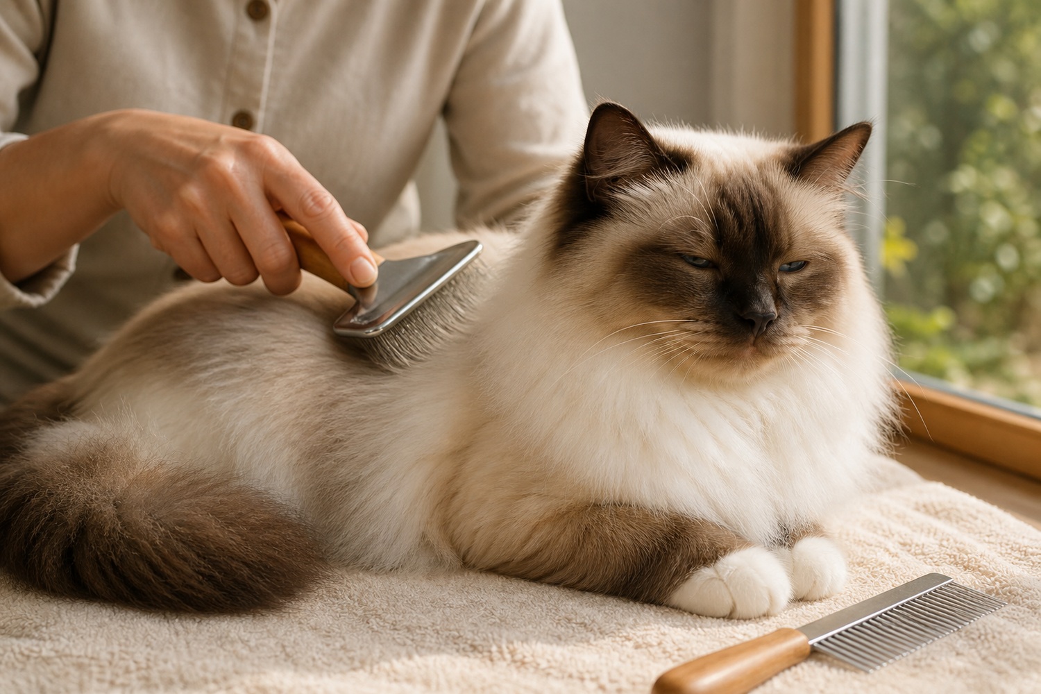 スリッカーブラシでバーマンをブラッシングする飼い主。シングルコートで毛が絡まりにくく週2〜3回で十分