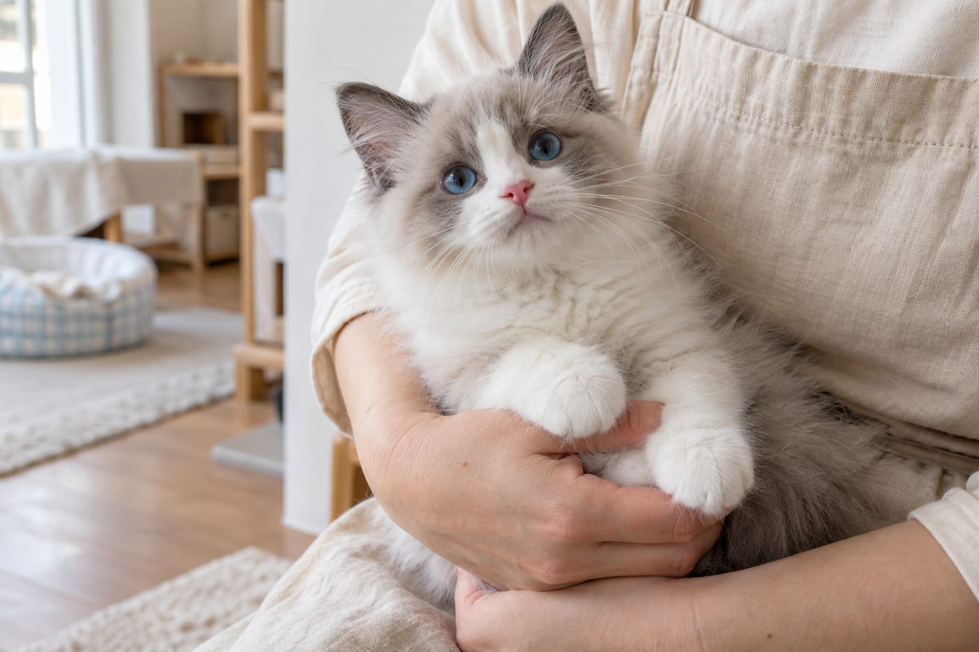 ブリーダーの腕に抱かれて、こちらを見るラグドールの子猫