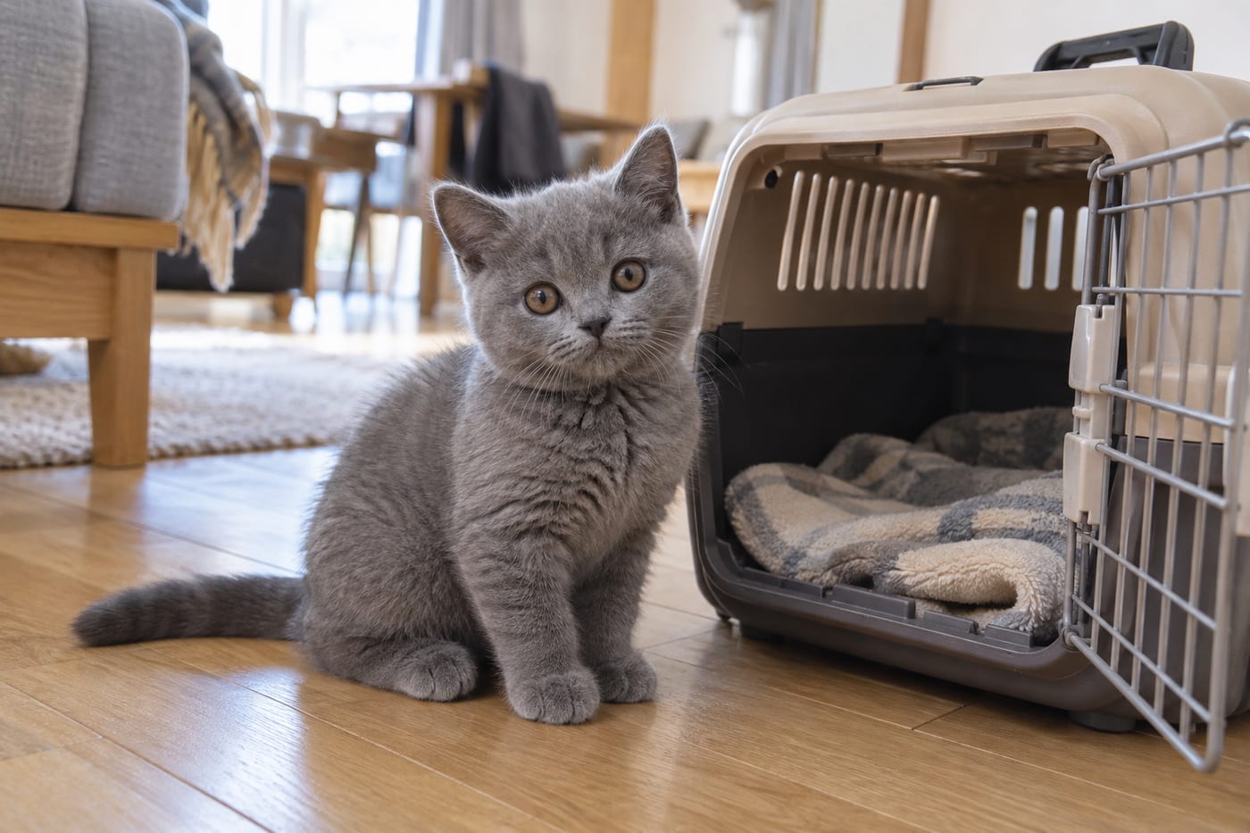 扉の開いたキャリーのそばに座る、ブリティッシュショートヘアの子猫
