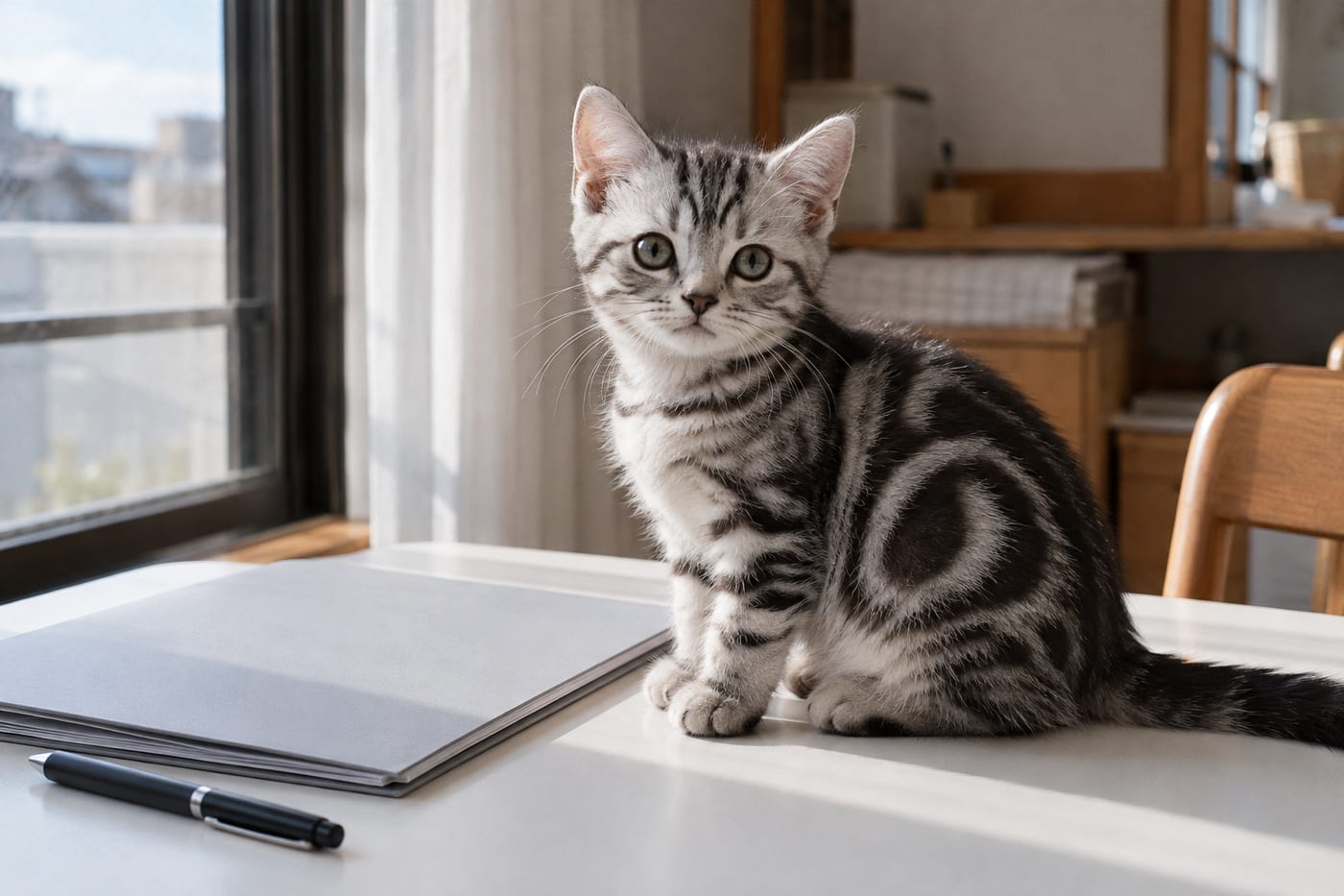 書類のフォルダとペンの横で、こちらを見るアメリカンショートヘアの子猫