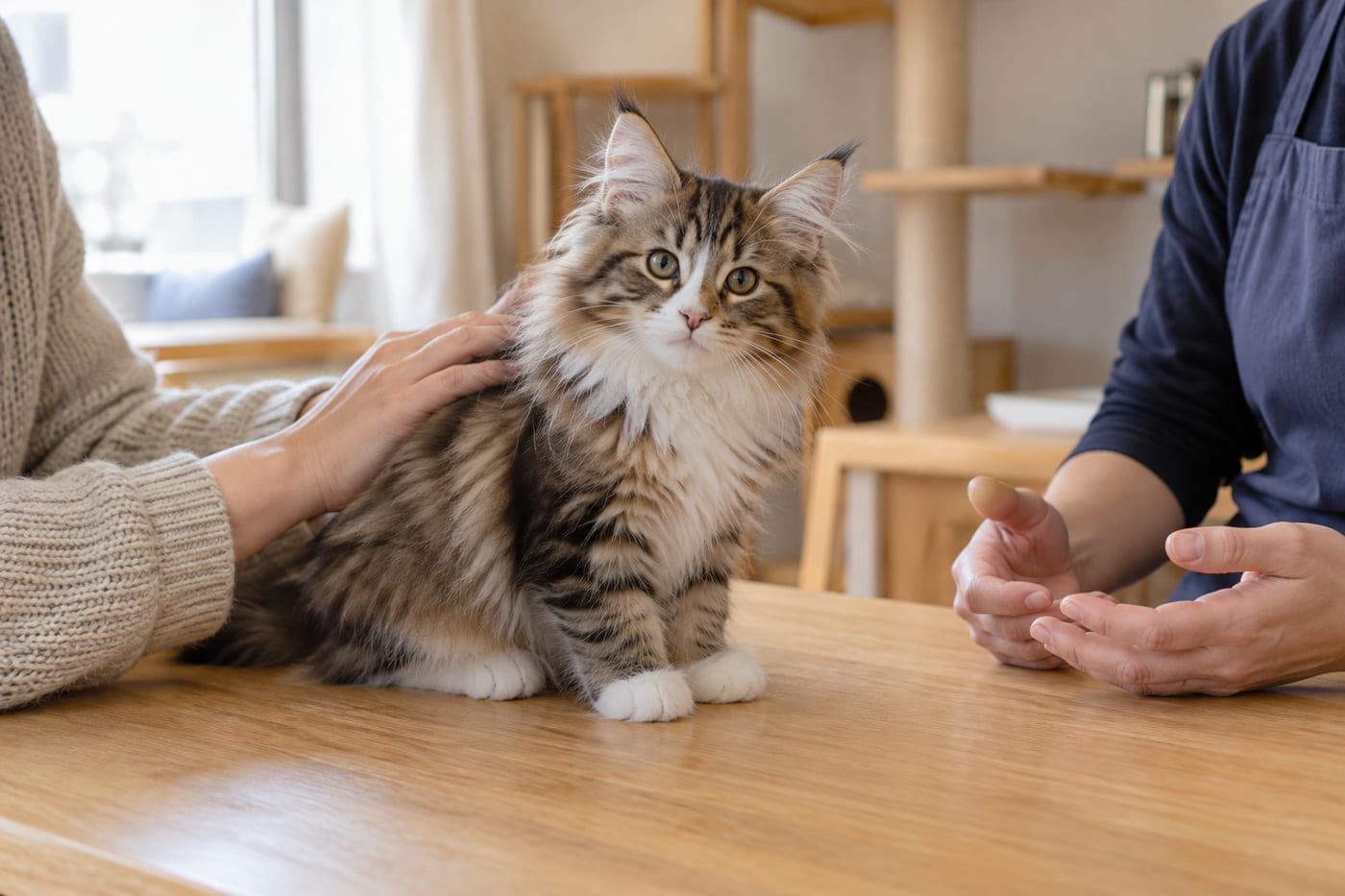 テーブルの上の子猫をなでる人と、身ぶりをまじえて話すブリーダーの手元
