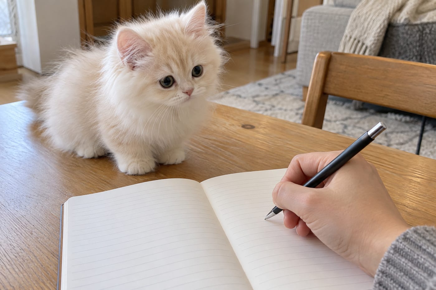 ノートに書き込む人の手元を、のぞきこむミヌエットの子猫