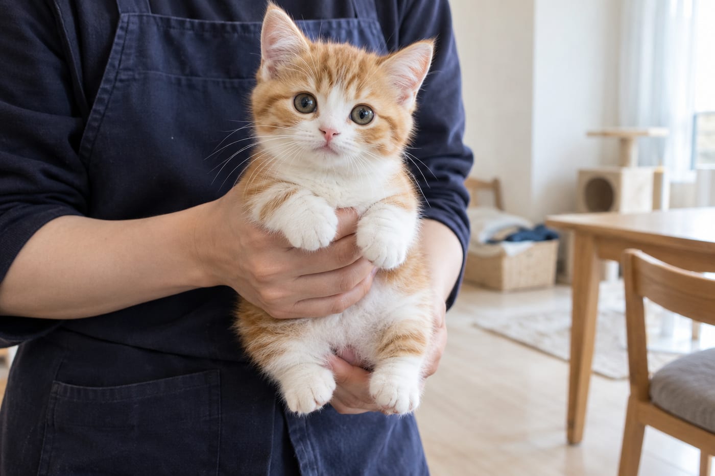 明るい部屋で、スタッフの手に抱かれたマンチカンの子猫