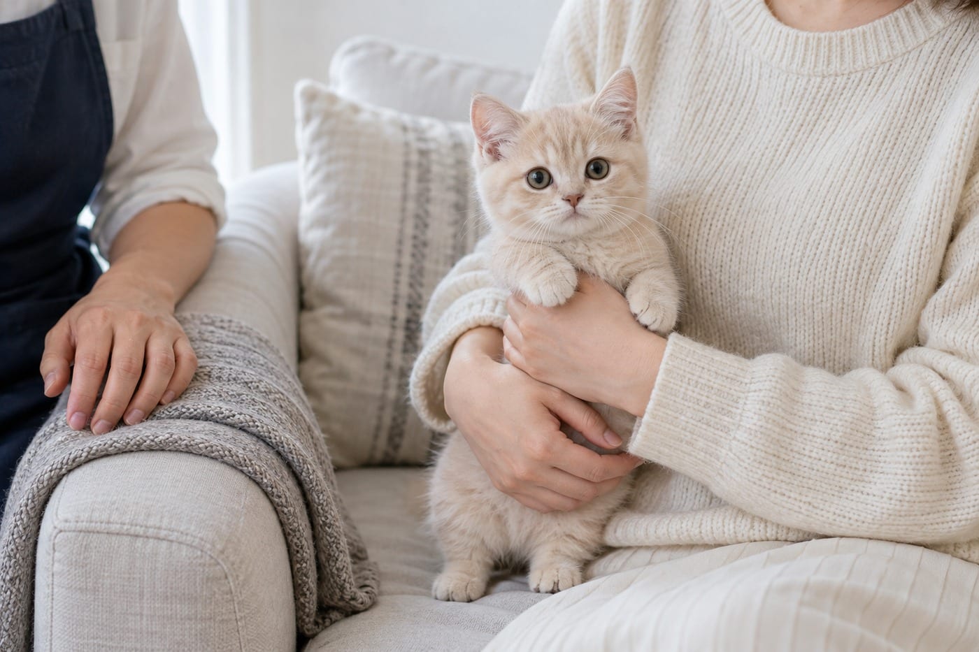 ソファで子猫を抱く飼い主さんと、そばで見守るブリーダーの手