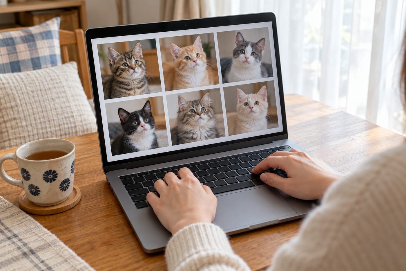 パソコンで子猫の写真を見比べる飼い主さん