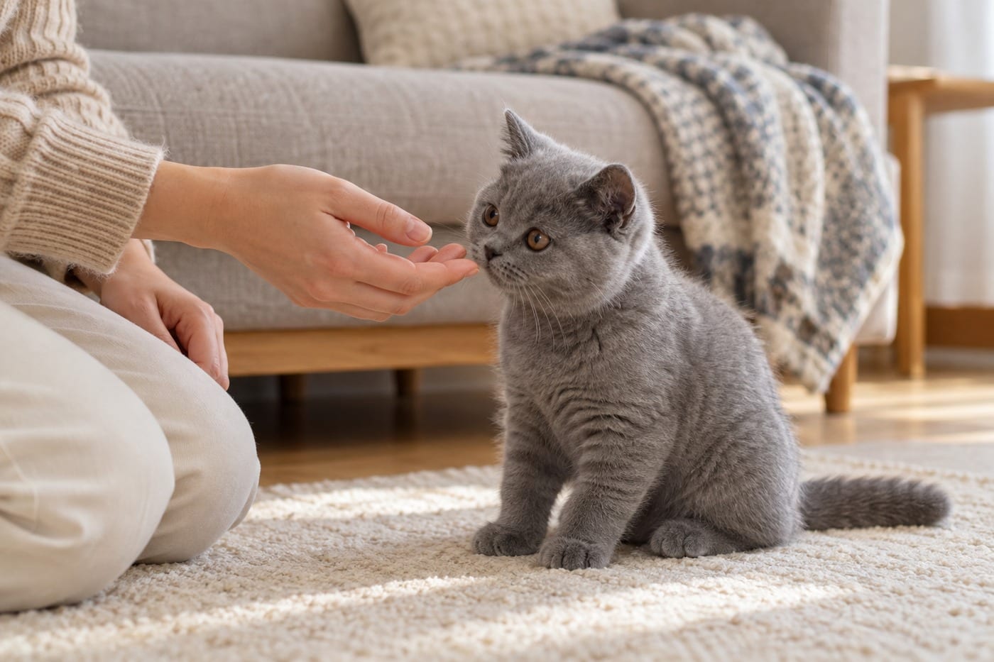 しゃがんで差し出した手のにおいをかぐ、ブリティッシュショートヘアの子猫