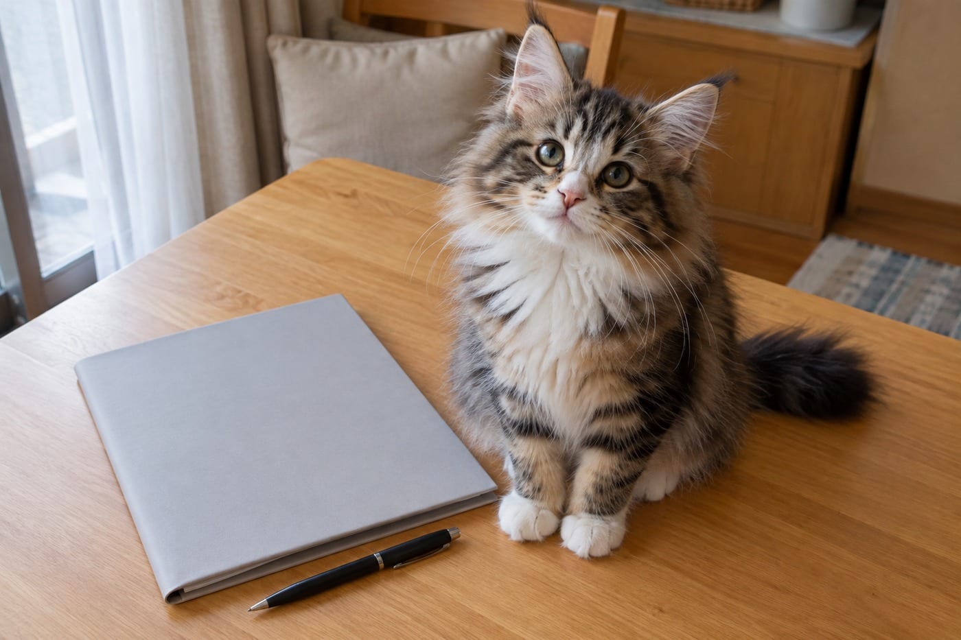 書類のフォルダとペンの横で、こちらを見上げるノルウェージャンフォレストキャットの子猫