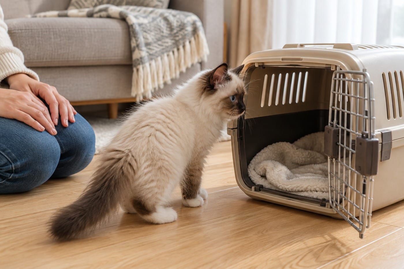 扉の開いたキャリーをのぞきこむラグドールの子猫と、そばで見守る人