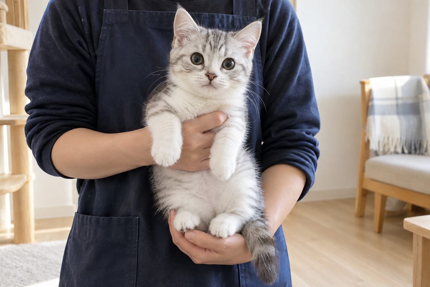 明るい部屋で、スタッフの手に抱かれたマンチカンの子猫