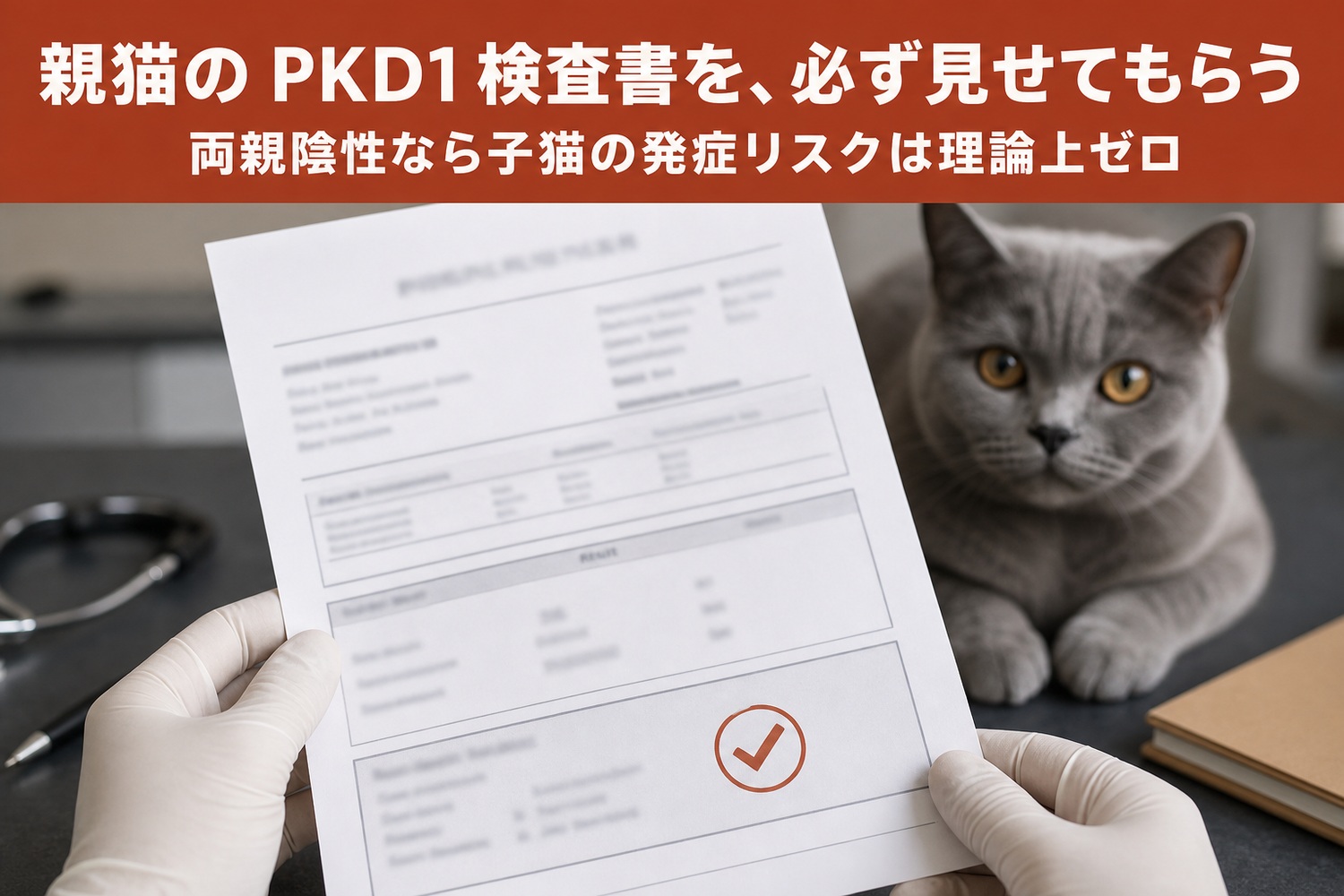 獣医師が手にするPKD1検査書とブリティッシュショートヘア。親猫のPKD1検査書を必ず見せてもらう、両親陰性なら子猫の発症リスクは理論上ゼロ