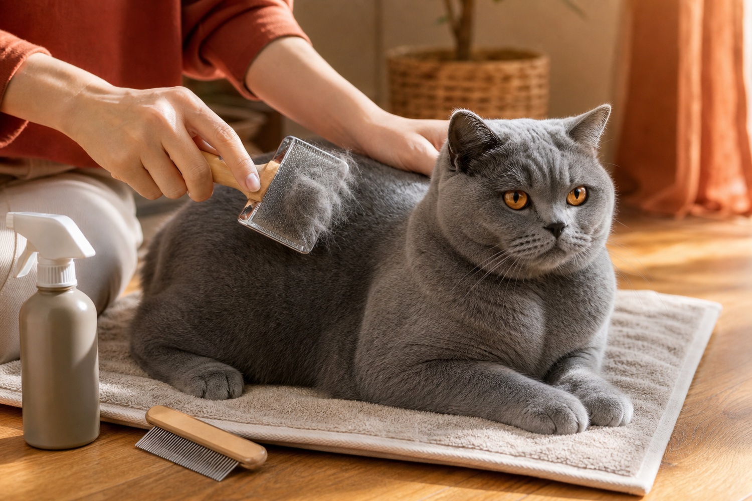 スリッカーブラシでブリティッシュショートヘアの密なダブルコートをケアする飼い主。定期ブラッシングが皮膚トラブル予防に