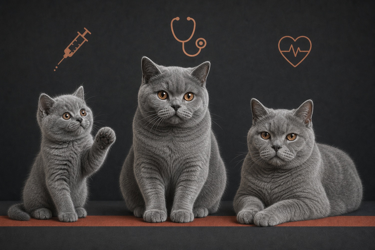 子猫・成猫・シニアのブリティッシュショートヘアと各期の重点を表すアイコン。年齢でケアの優先順位が変わる