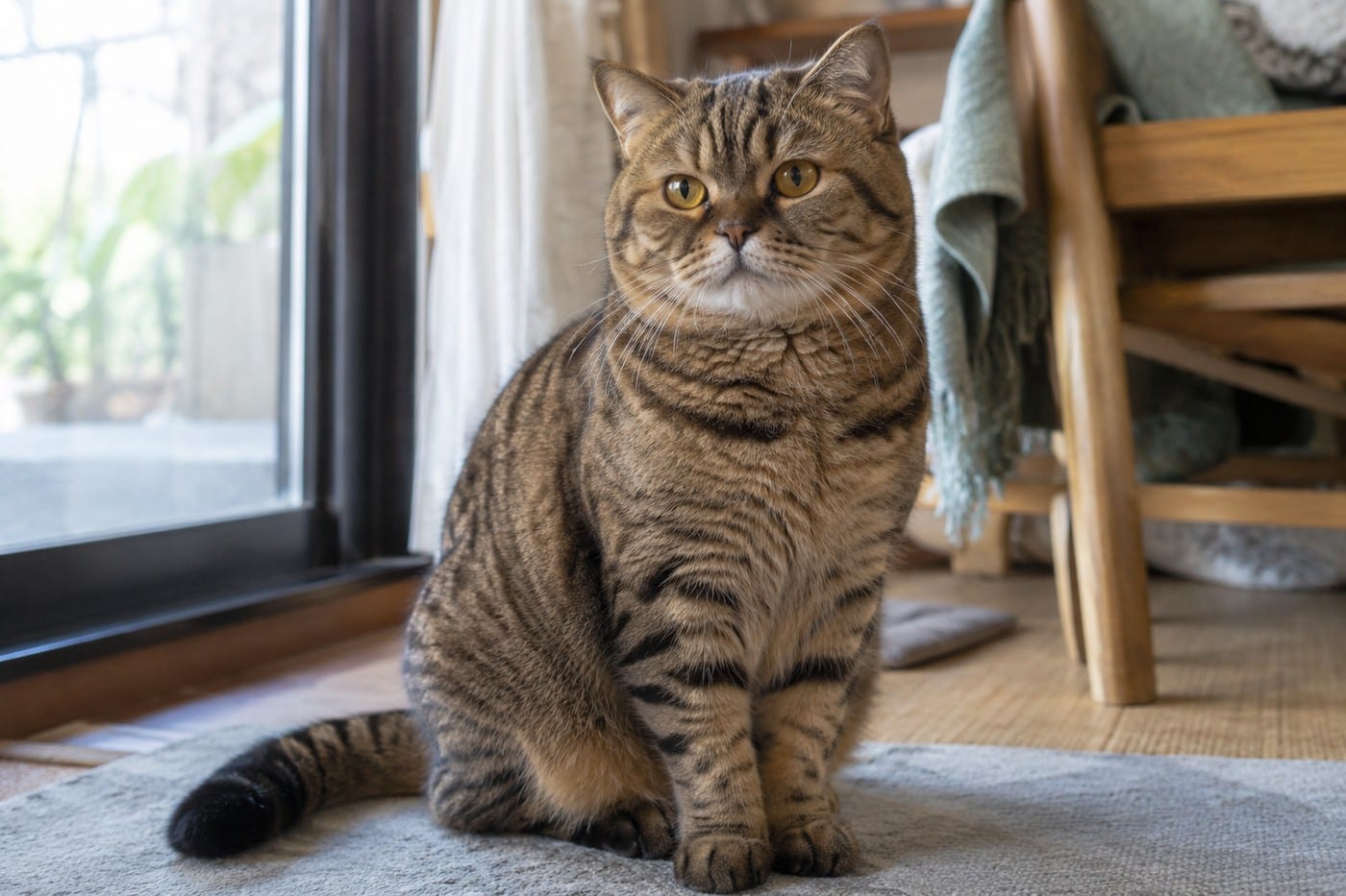 銅のような茶色の地に黒い縞がある、ブラウンタビーのブリティッシュショートヘアの成猫。目は金〜銅色