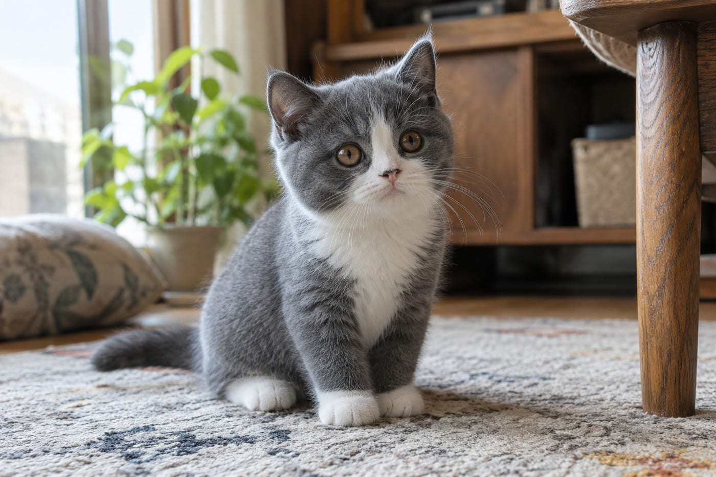 ひたいから鼻すじにかけて白が入った、ブルー&ホワイトのブリティッシュショートヘアの子猫。顔の白は左右対称で、体は青みがかった灰色