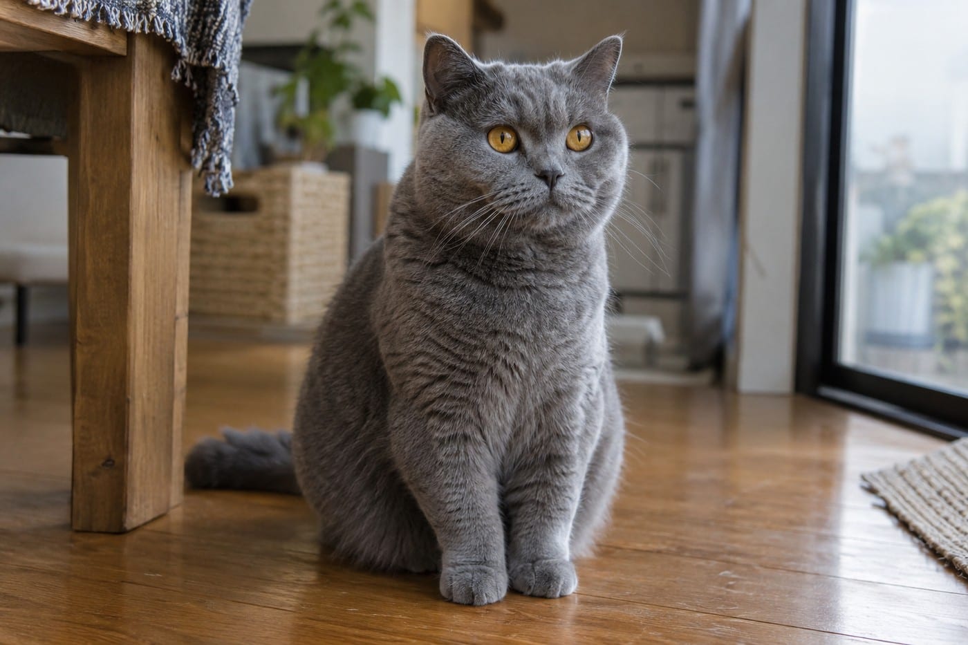 床に座る、ブルーのブリティッシュショートヘアの成猫。青みがかった灰色の毛はむらがなく、目は金色