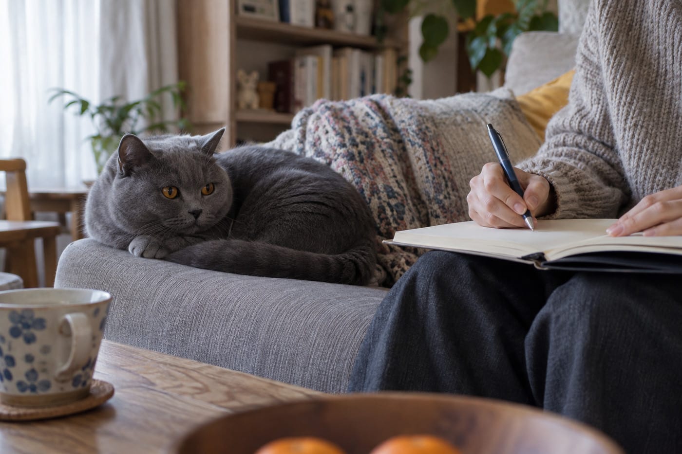ブルーのブリティッシュショートヘアの成猫が、ソファの端で丸くなっている。隣では、ノートに書き込む人の手元が見える