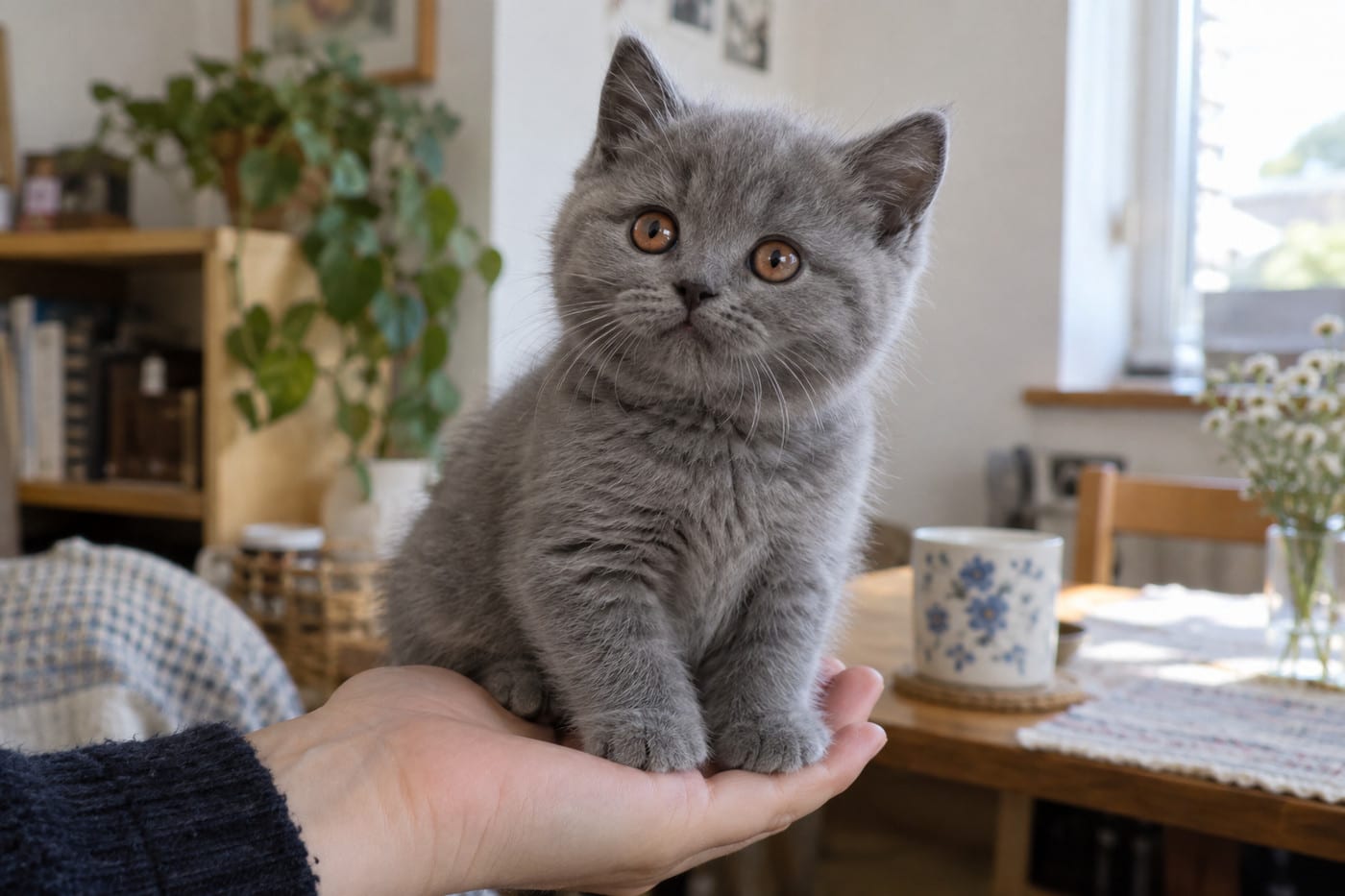 手のひらにのる、生後8週ごろのブルーのブリティッシュショートヘアの子猫