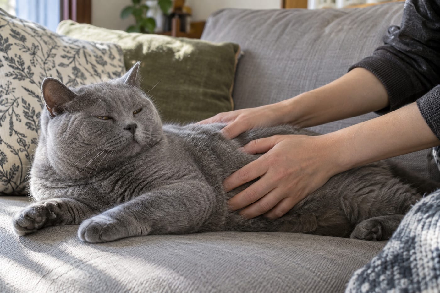 ソファで横になったブリティッシュショートヘアの成猫の脇腹に、飼い主が両手を当てて、肋骨に触れるか体型を確かめている様子