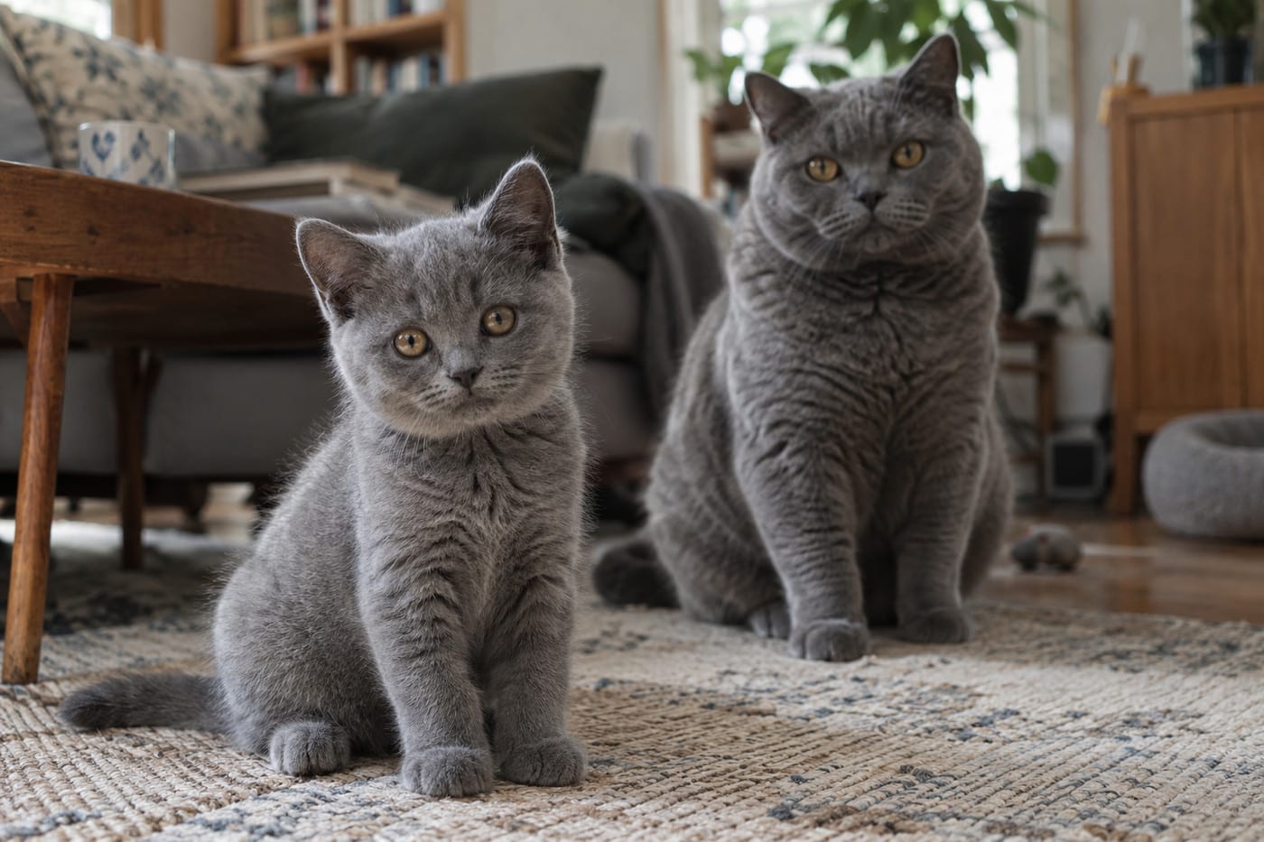 ブリティッシュショートヘアの子猫が手前に、成猫が奥に並んで座り、体の大きさの違いが分かる写真