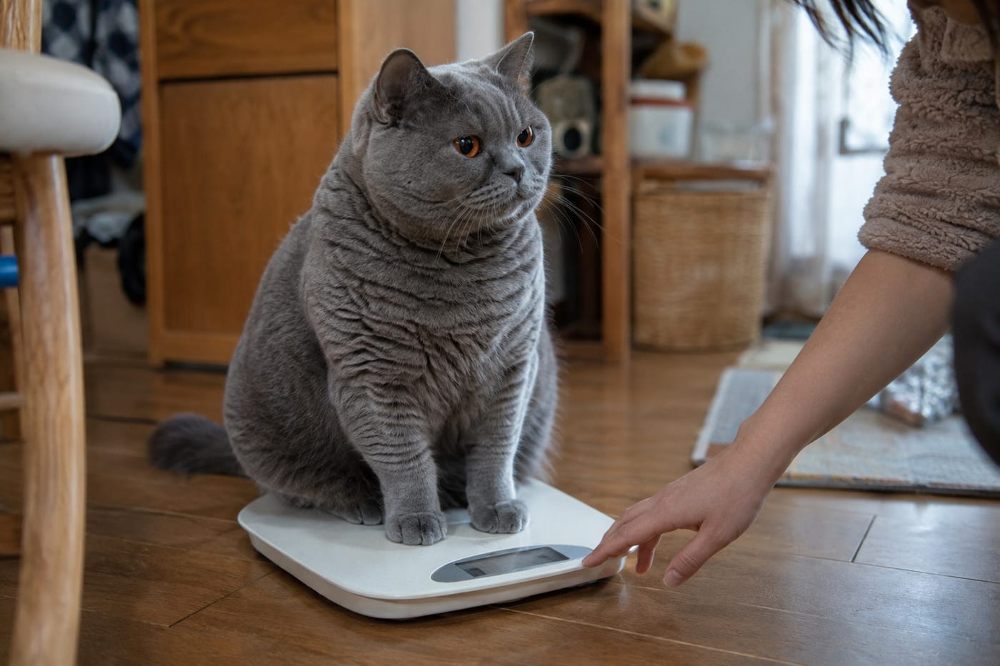床の体重計の上に座るブリティッシュショートヘアの成猫と、体重計に手を伸ばす飼い主の手元