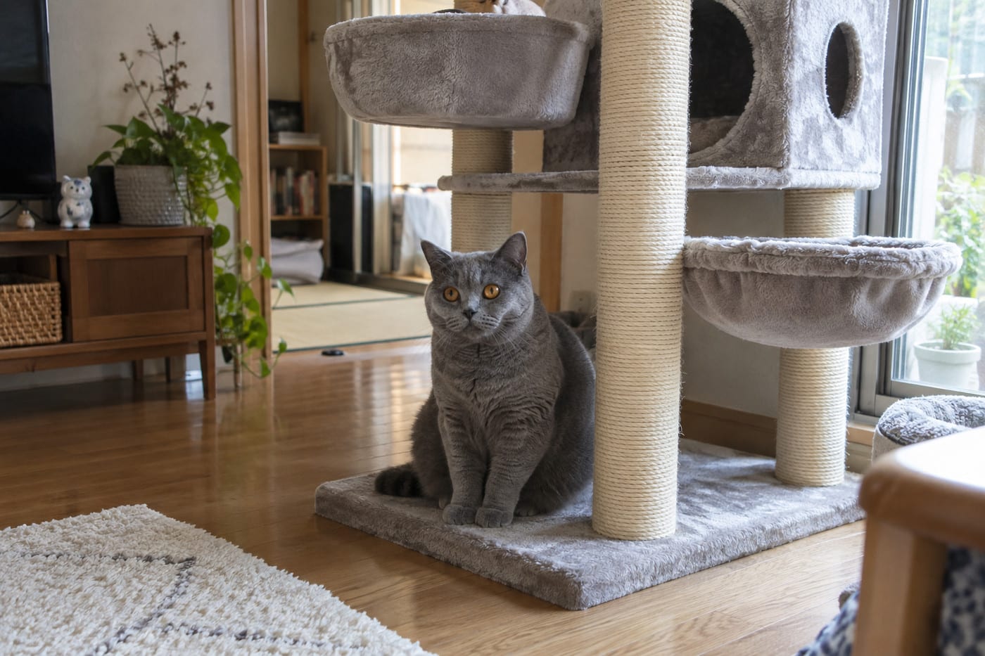 太い柱のキャットタワーの台座に座る、ブルーのブリティッシュショートヘアの成猫