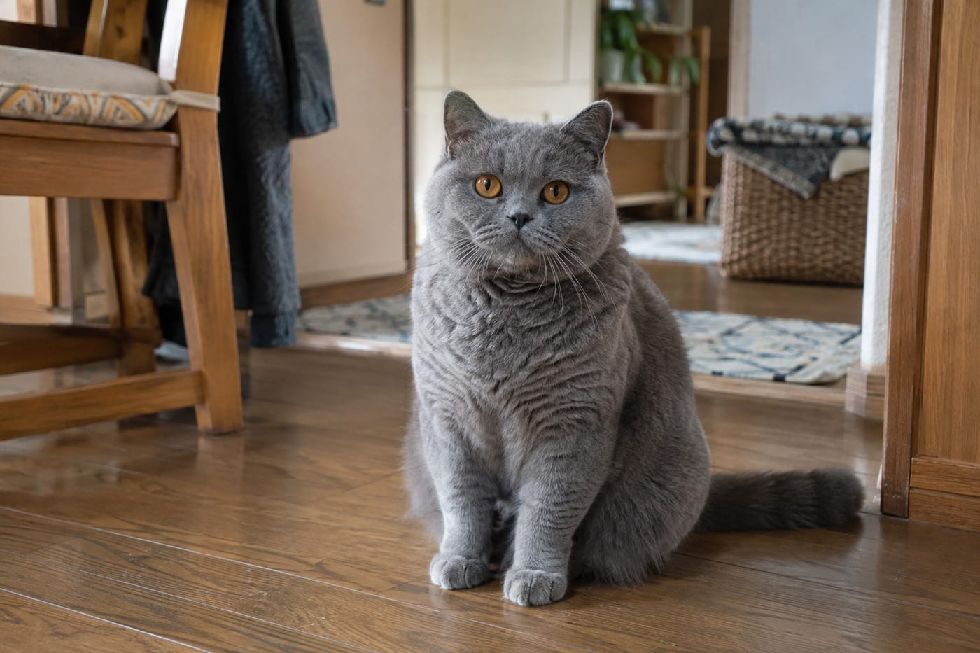 床に座ってこちらを見る、ブルーのブリティッシュショートヘアの成猫。丸い顔とがっしりした体つきが分かる全身写真