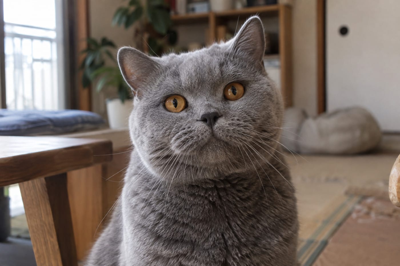 正面を向いたブルーのブリティッシュショートヘアの顔。ほほが丸く張り、大きなひげ袋が見える