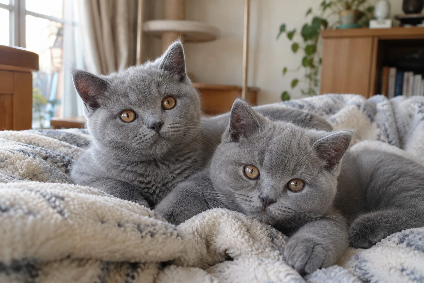 毛布の上で寄り添って座る、ブルーのブリティッシュショートヘアの子猫2頭。丸い顔とふっくらした頬が見える
