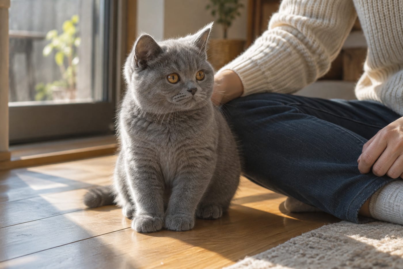 窓辺の日だまりで、ブルーのブリティッシュショートヘアの子猫が飼い主のそばに座っている