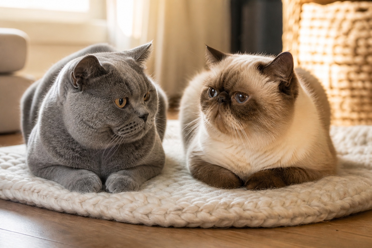 ブリティッシュショートヘア（左・ブルー）とエキゾチックショートヘア（右・つぶれ顔）が並んで寛ぐ様子