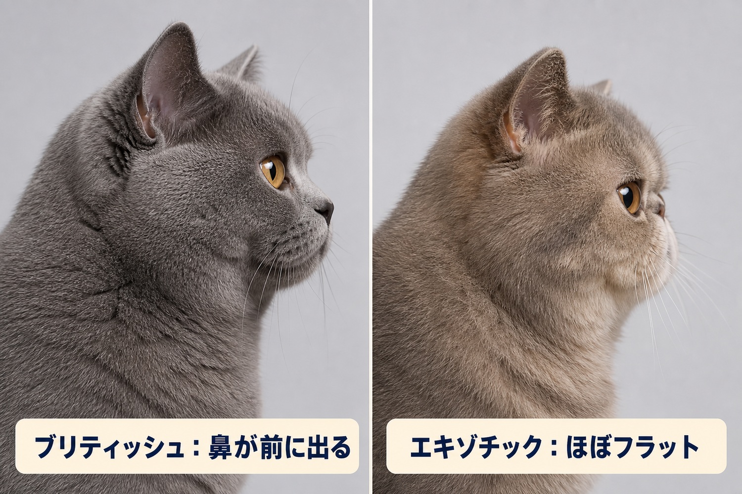 ブリティッシュとエキゾチックの横顔比較。ブリティッシュは鼻が前に出る、エキゾチックはほぼフラット