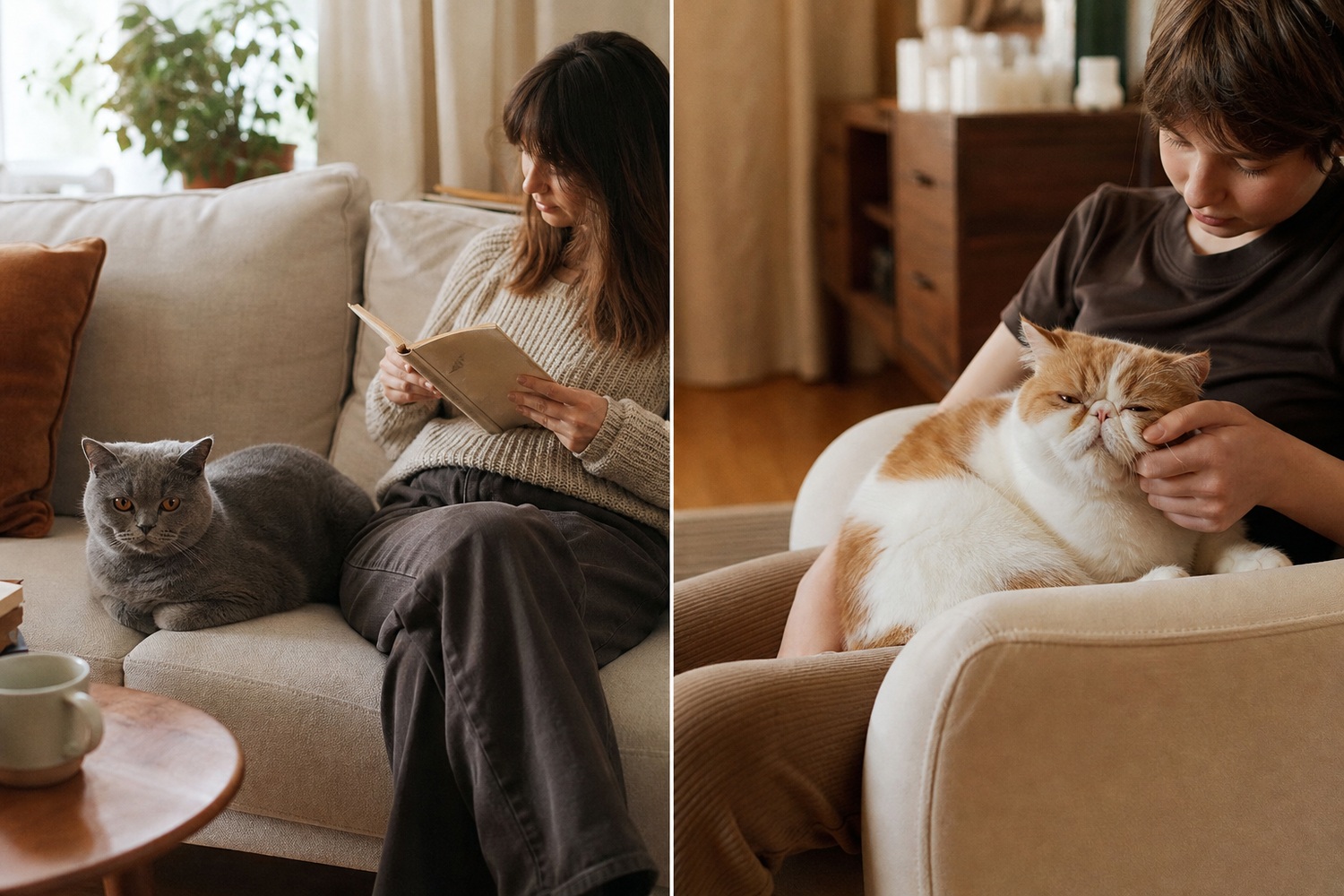 読書する人の隣で距離を保つブリティッシュと、膝の上で甘えるエキゾチックの性格比較