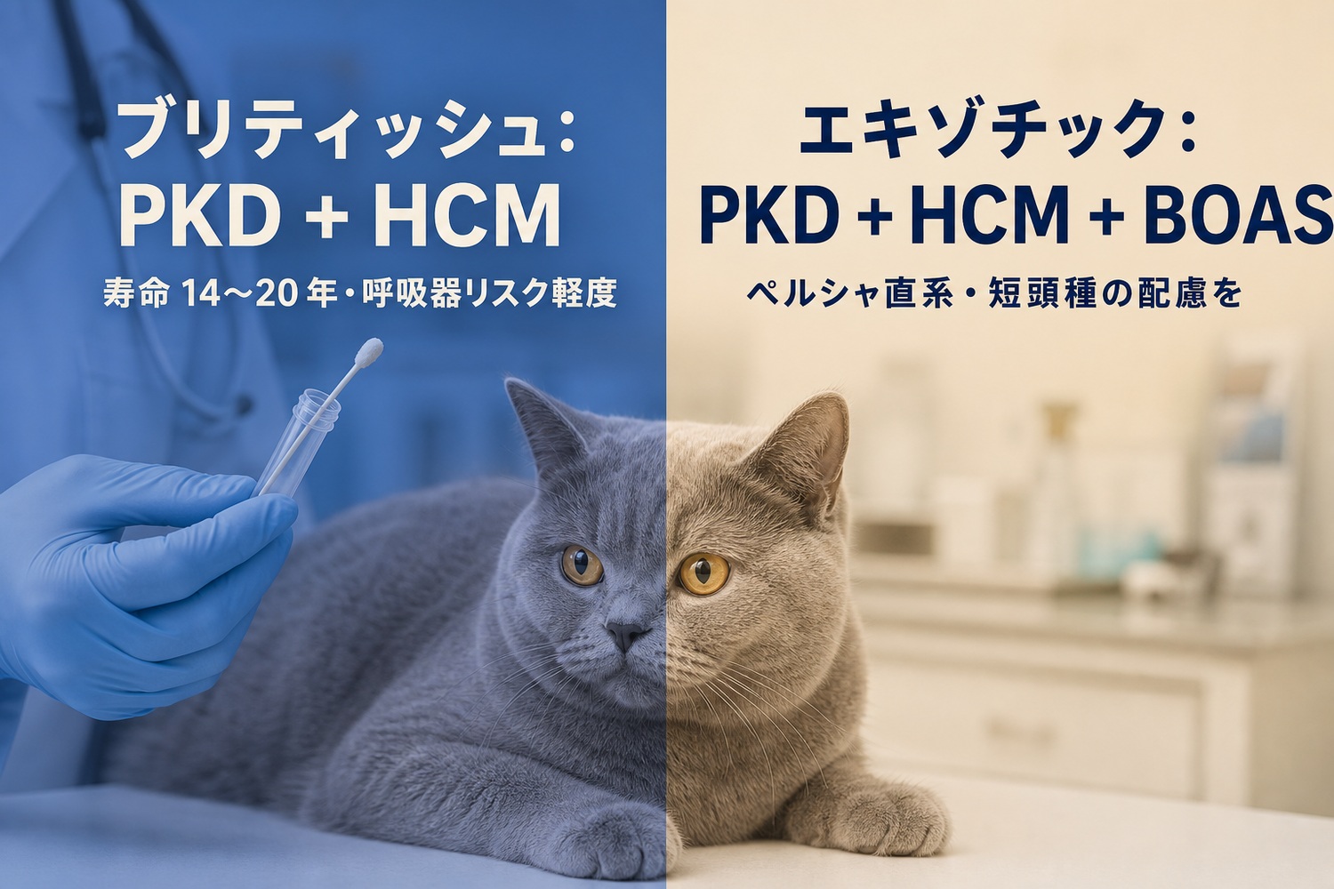 DNA検査を表す比較バナー。ブリティッシュはPKD+HCM・寿命14〜20年・呼吸器リスク軽度、エキゾチックはPKD+HCM+BOAS・ペルシャ直系で短頭種の配慮を