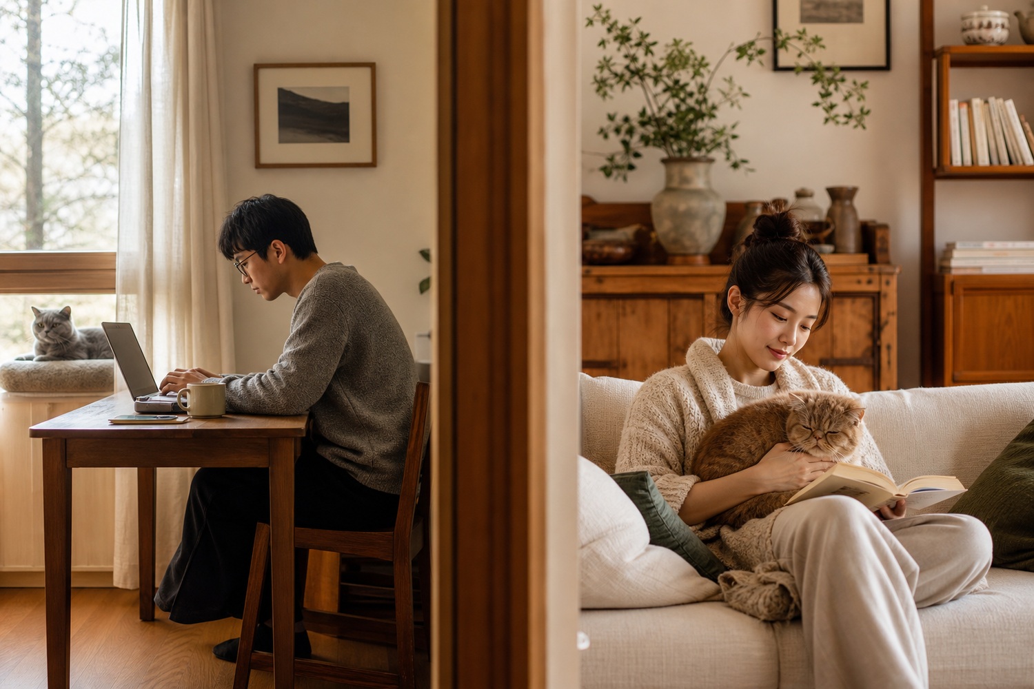在宅ワークの傍らで窓辺に佇むブリティッシュと、読書中に膝で甘えるエキゾチック。暮らし方で選ぶ