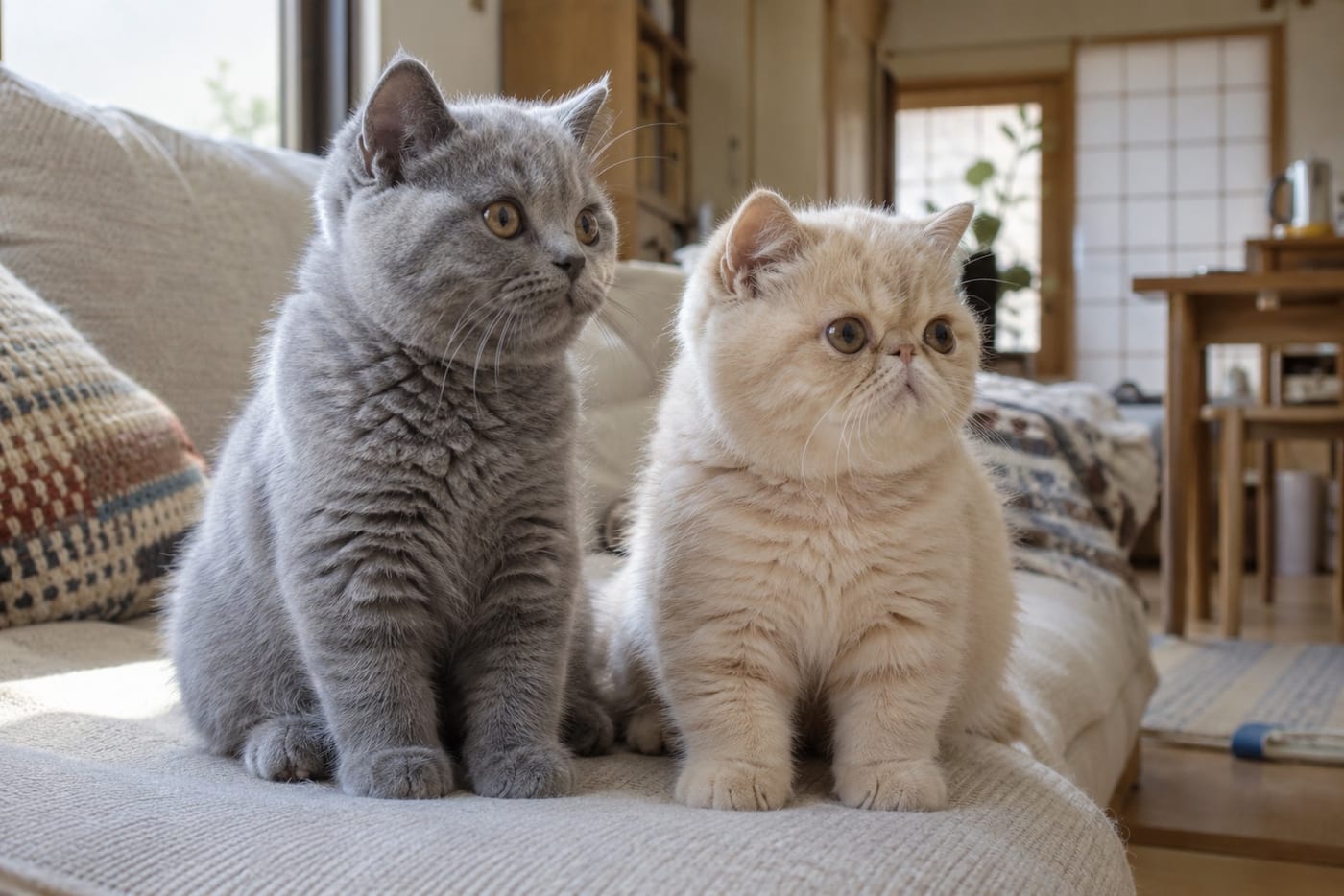 ブリティッシュショートヘアの子猫とエキゾチックショートヘアの子猫が並んで座り、顔の丸さと鼻の短さを見比べられる様子