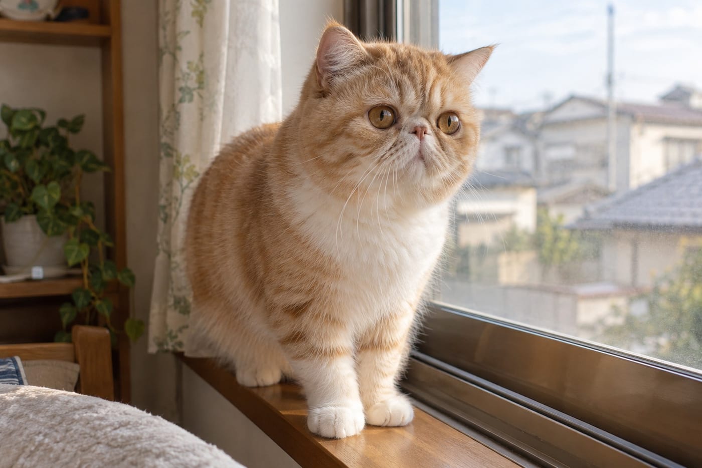 エキゾチックショートヘアの成猫を斜め前から撮影した写真。丸い顔と短い鼻、大きな目が写っている