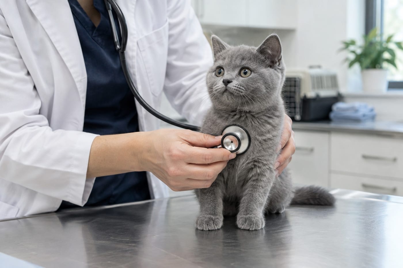 診察台の上の子猫に、獣医師が聴診器を当てている様子