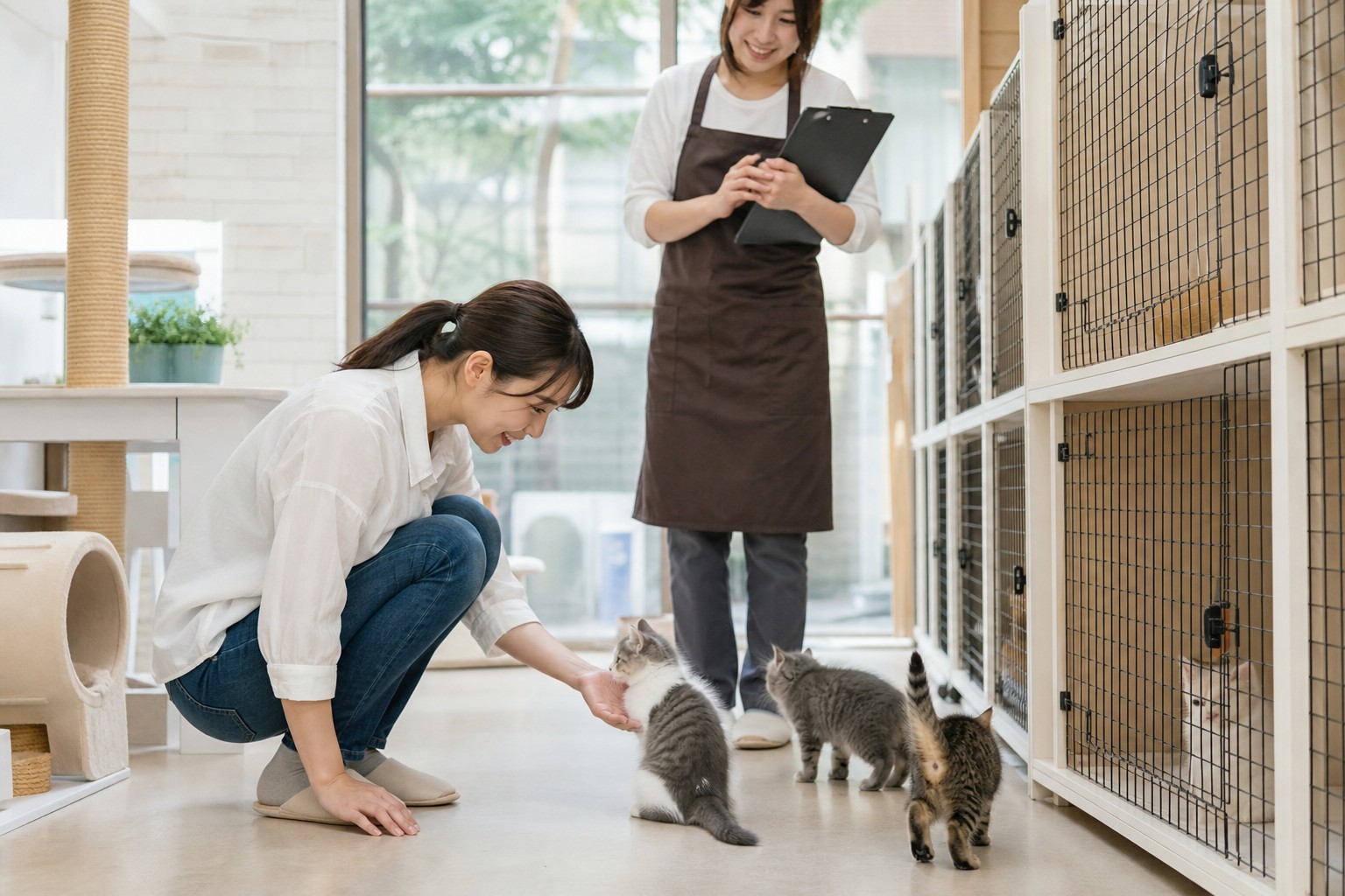 キャッテリーを見学する飼い主とブリーダー