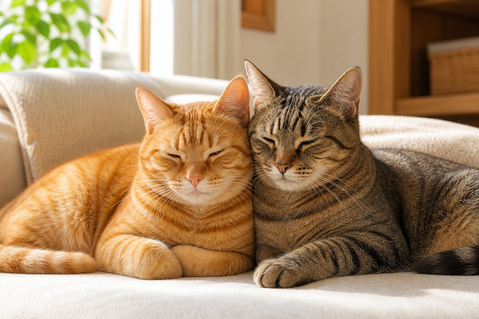 穏やかに他の猫と寄り添う茶トラ