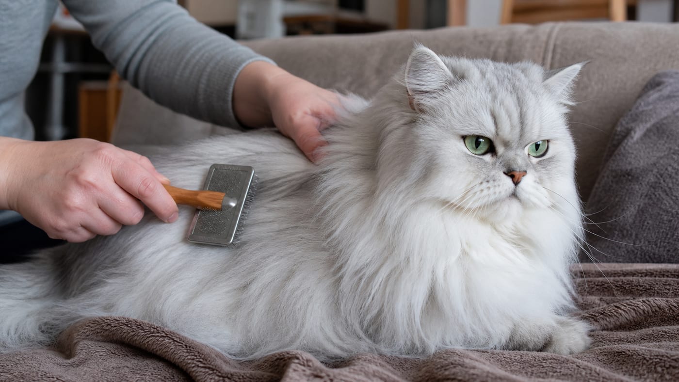 長毛をスリッカーブラシで梳かしている手元と、されるがままの猫