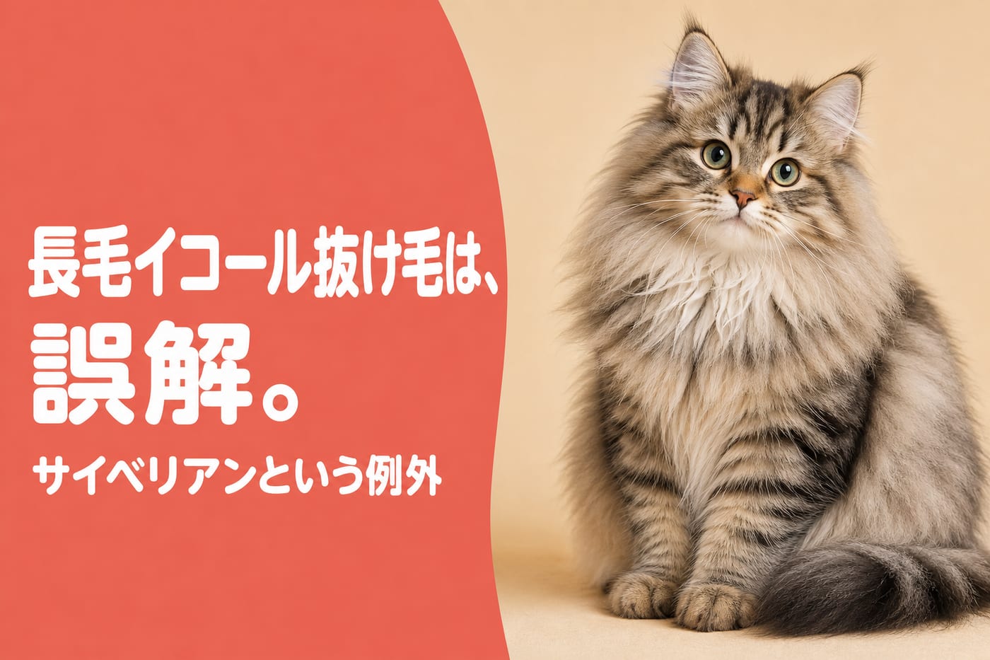長毛イコール抜け毛は誤解と伝えるサーモン帯バナーとトリプルコートの長毛の子猫