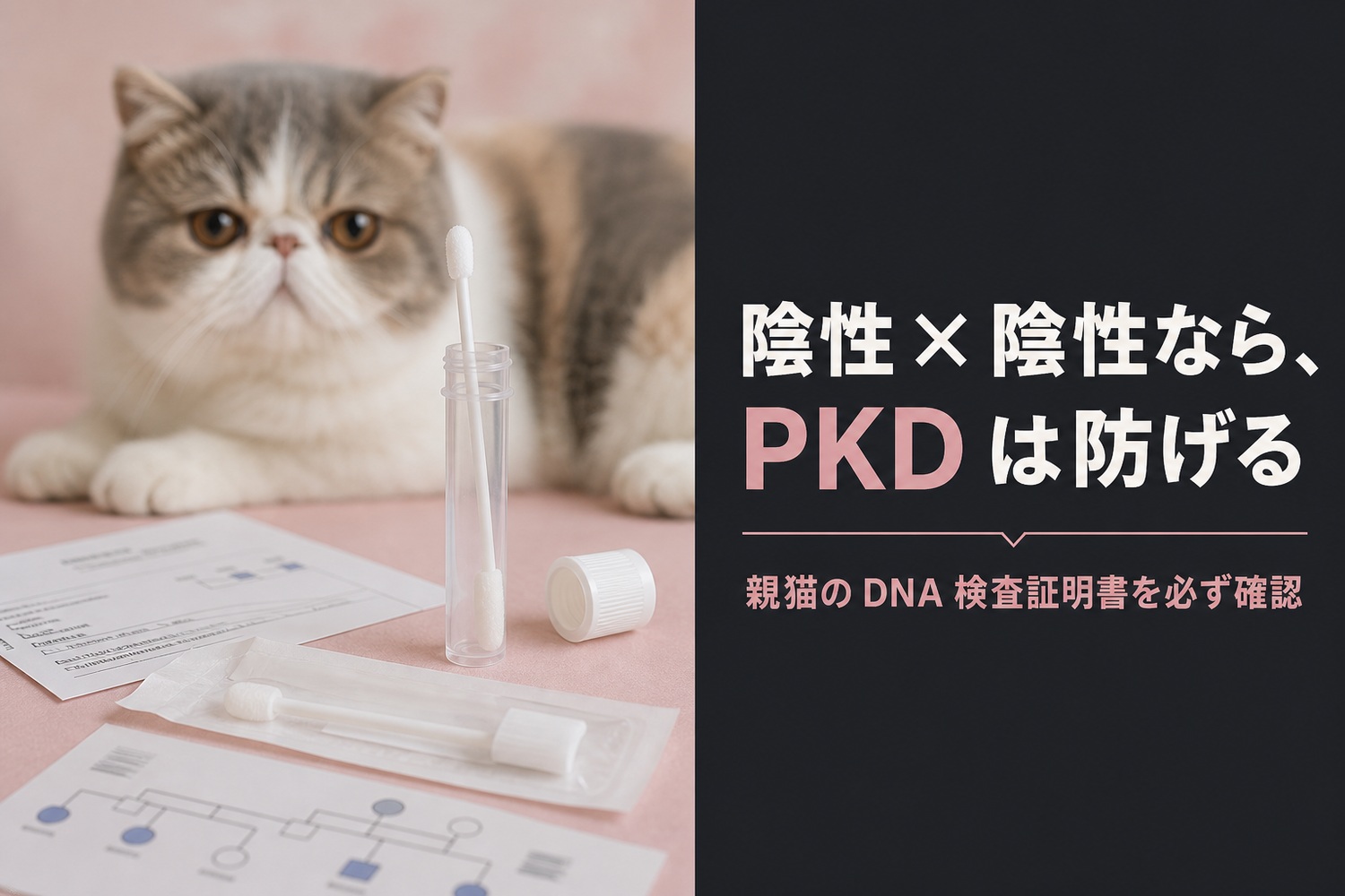 エキゾチックショートヘアとDNAスワブ検査キット・血統図。陰性×陰性ならPKDは防げる、親猫のDNA検査証明書を必ず確認