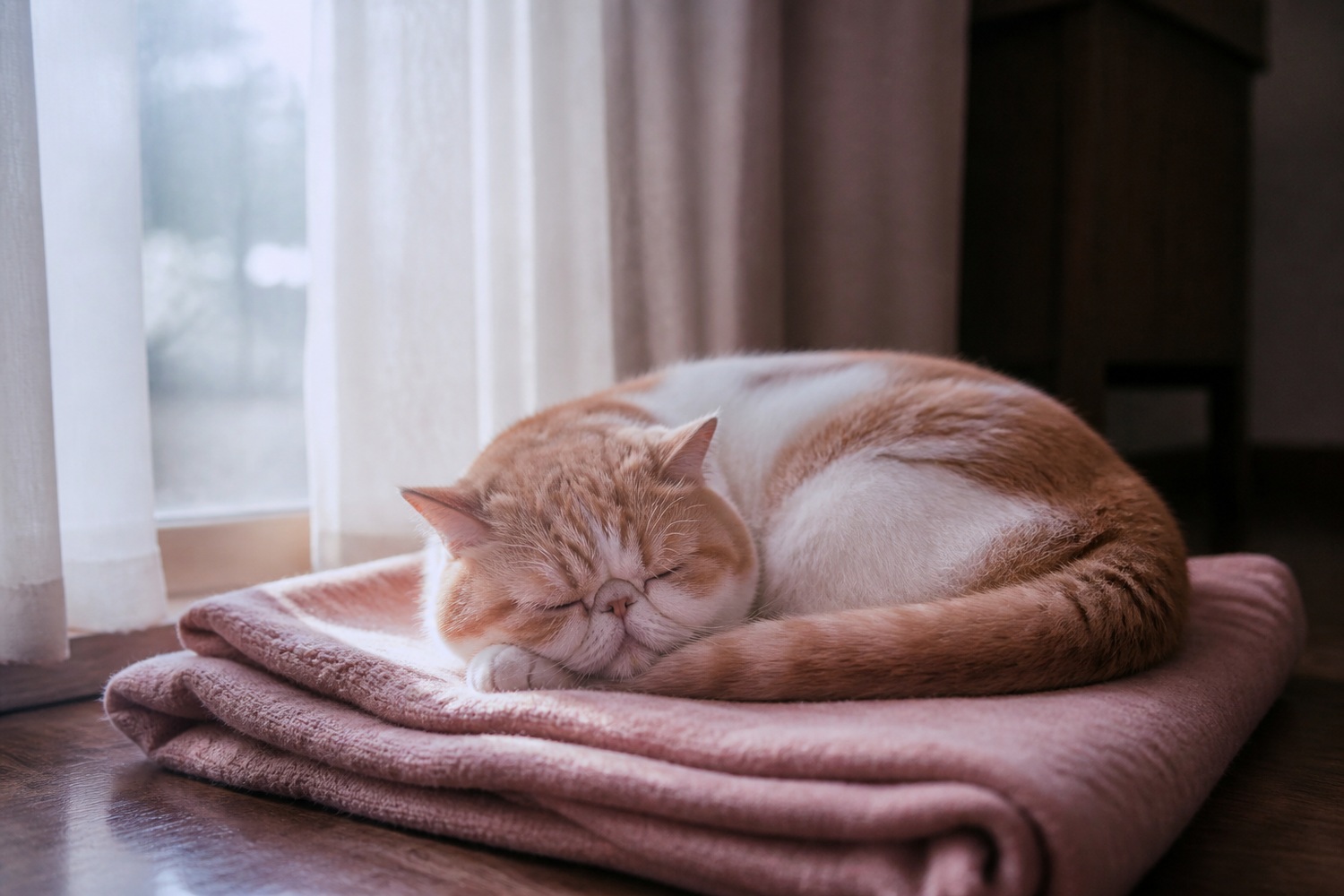 毛布の上で丸まって眠るエキゾチックショートヘア。短頭種はいびきや鼻音が出やすく、安静時の呼吸を観察したい