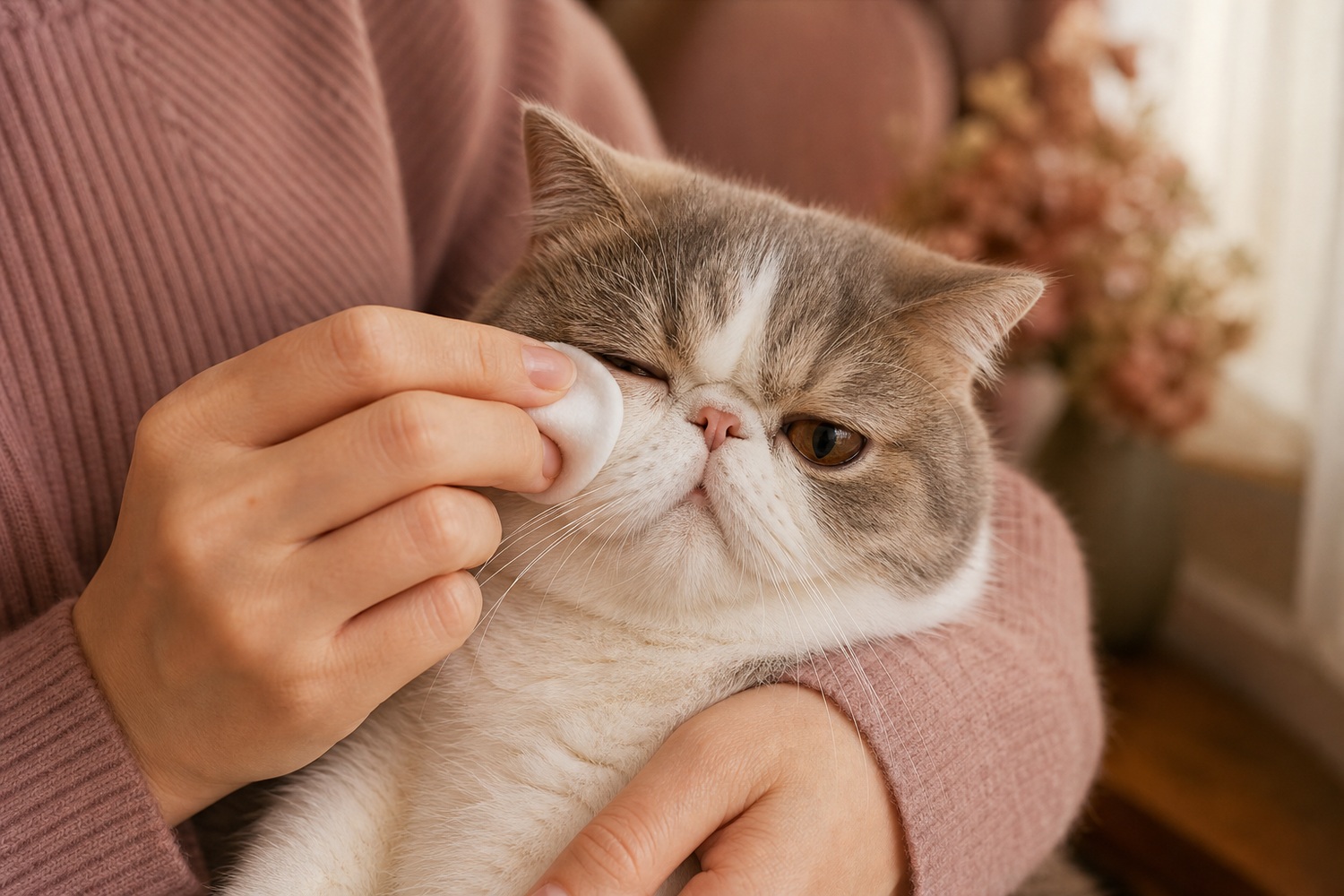 コットンでエキゾチックショートヘアの目元をやさしく拭く飼い主。毎日の目元ケアで涙やけの悪化を防ぐ