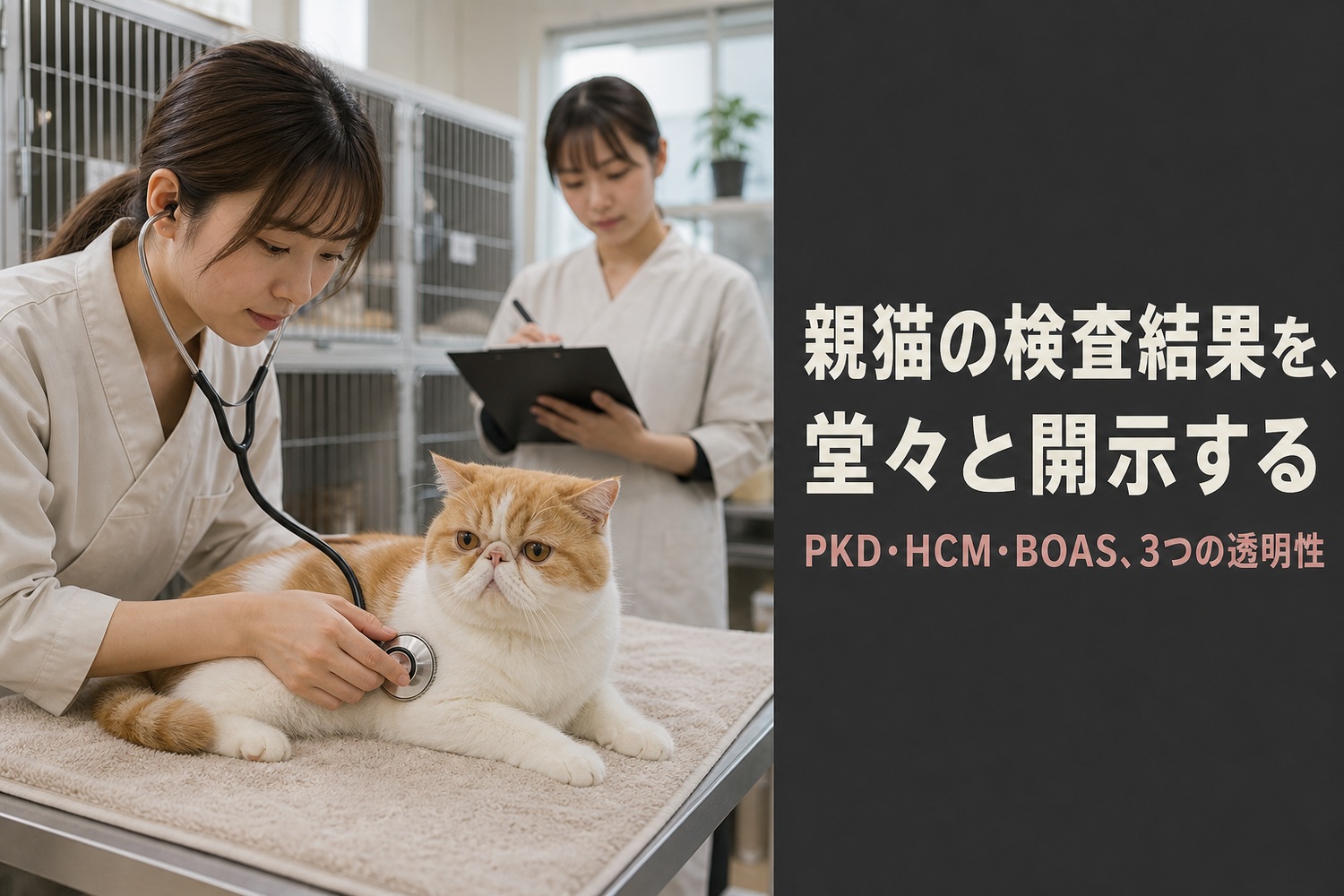 キャッテリーで聴診器による健康チェックを行うスタッフ。親猫の検査結果を堂々と開示する、PKD・HCM・BOASの3つの透明性