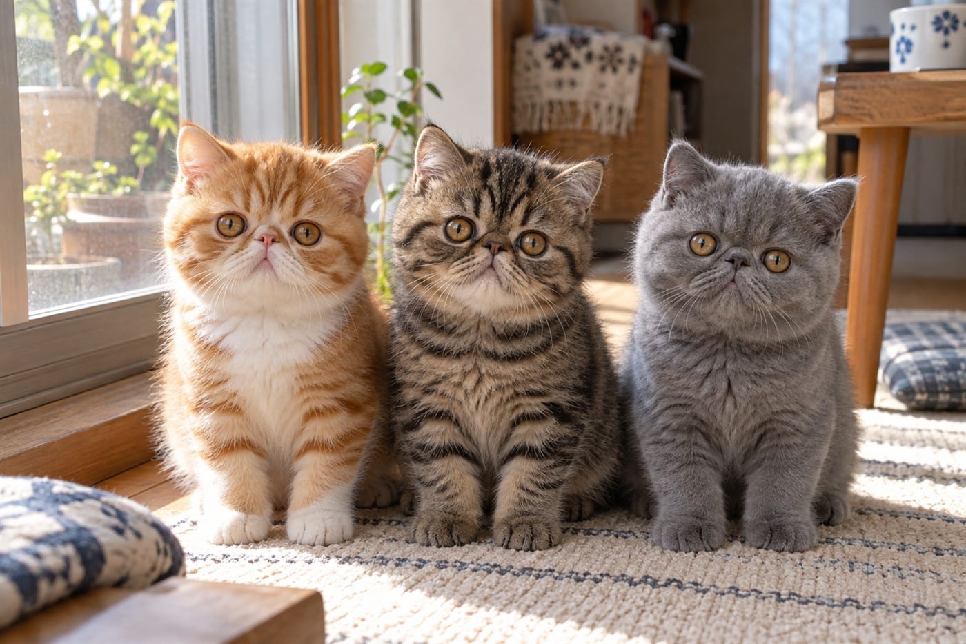 窓辺に並んで座る、3頭のエキゾチックショートヘアの子猫。左から、白が混ざる赤い縞のレッドタビー＆ホワイト（茶白）、茶色に黒い縞のブラウンタビー（キジトラ）、青みがかった灰色のブルー。どの子も鼻が短く平たい顔で、耳は小さく丸く、目は銅色