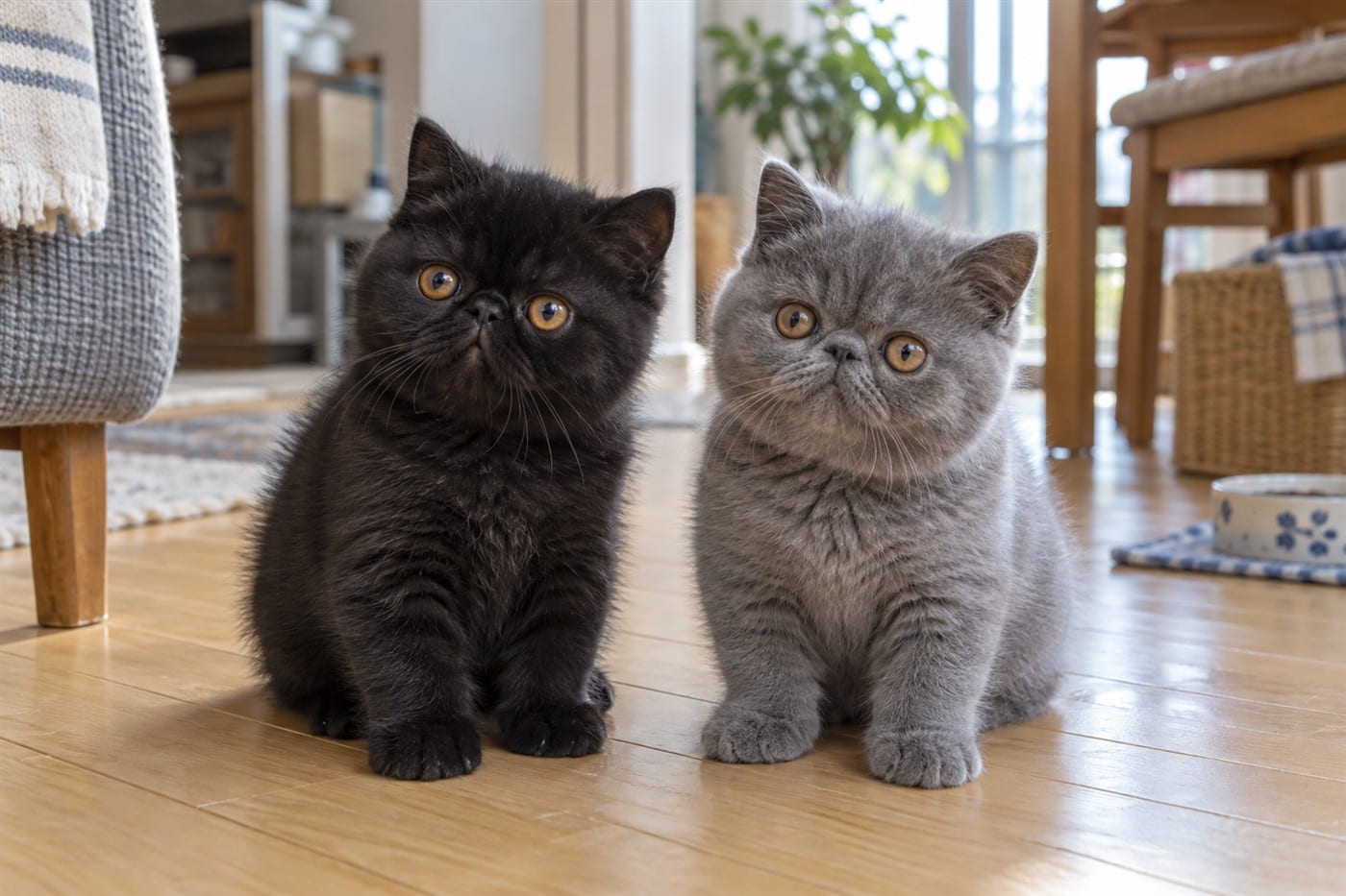 黒一色のエキゾチックショートヘアの子猫と、青みがかった灰色一色のブルーの子猫が並んで座っている。2頭とも鼻は短く平たく、耳は小さく丸く、目は銅色（オレンジがかった金色）