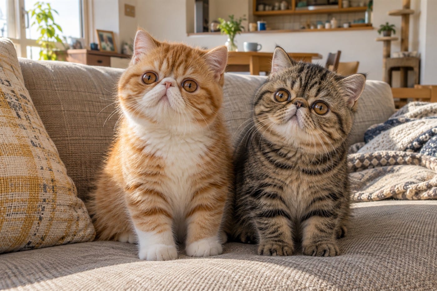 ソファの上で並んで座る、レッドタビー＆ホワイト（茶白）のエキゾチックショートヘアの子猫と、ブラウンタビー（キジトラ）の子猫。どちらも鼻は短く平たく、耳は小さく丸く、目は銅色