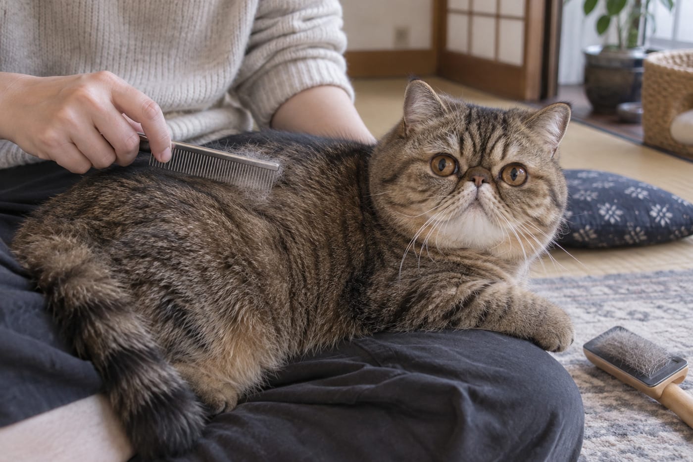 ブラウンタビーのエキゾチックショートヘアが人の膝の上で横になり、背中をスチールのコームでとかされている。コームに少し抜け毛がついている